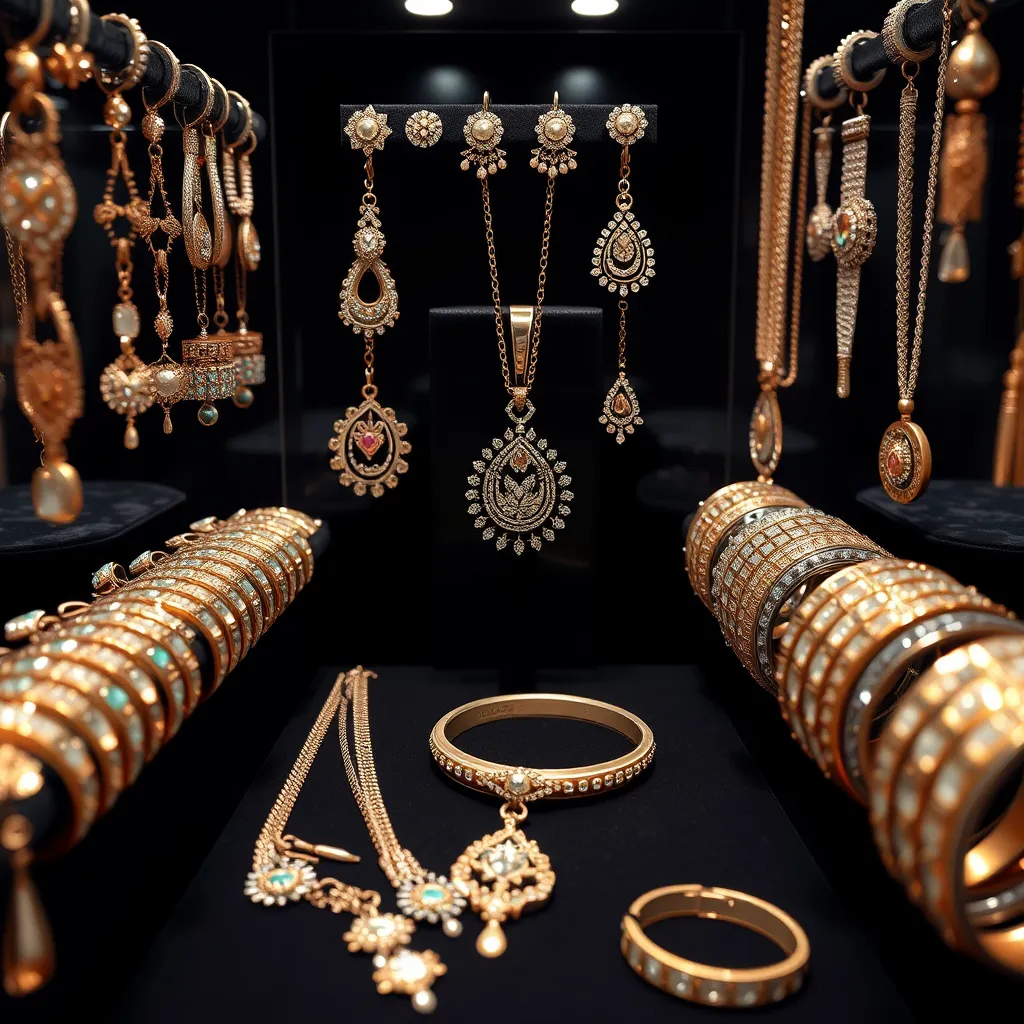 A high-quality, photorealistic image of a display featuring earrings, necklaces, and bracelets. Show earrings in various styles like studs, hoops, and drop designs. Include necklaces with pendants and intricate chains, as well as bangles and bracelets with detailed craftsmanship.