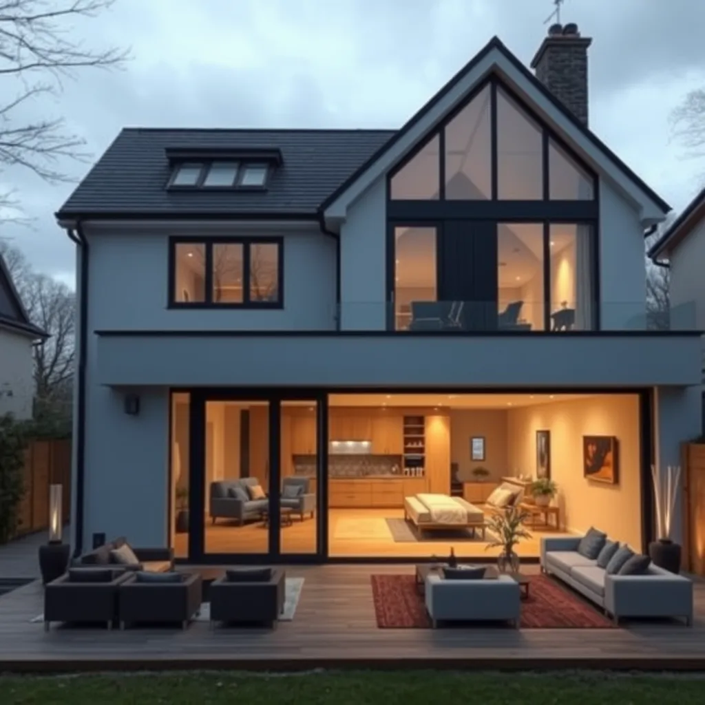 A high-quality, photorealistic image of a home with a newly built extension. The extension should have large, floor-to-ceiling windows, modern architectural design, and a spacious open-plan layout. The interior should include stylish furniture and a connection to the original building.