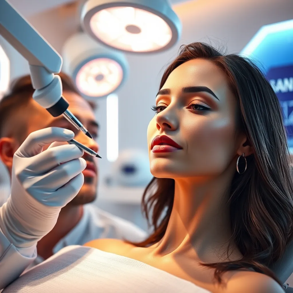 A high-resolution image of a male and female client receiving non-surgical treatments such as Botox and fillers in a high-tech dermatology clinic. The setting includes advanced laser therapy equipment and a serene, luxurious atmosphere.
