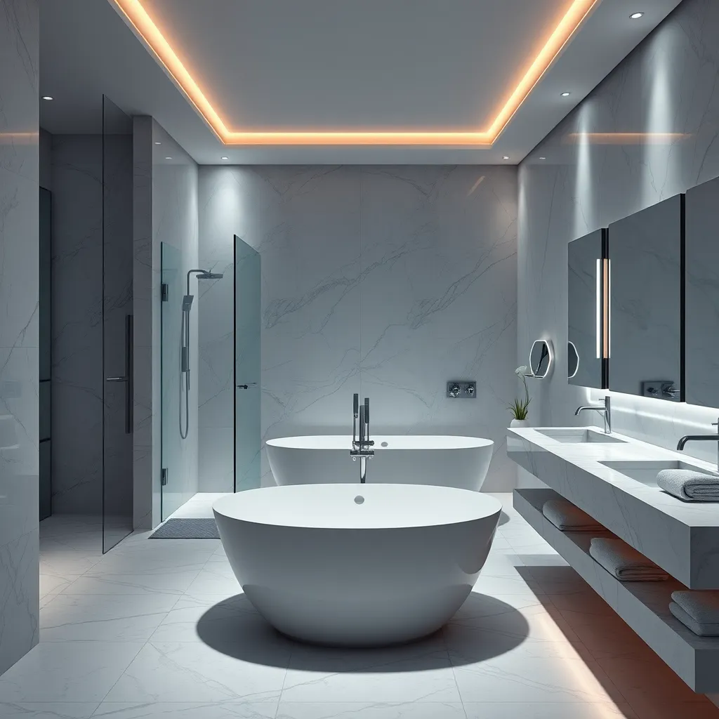 A luxurious bathroom featuring a freestanding bathtub, a rainfall shower with glass doors, his and her sinks with marble countertops, ambient lighting, and plush towels. The design is modern with a serene, spa-like atmosphere.