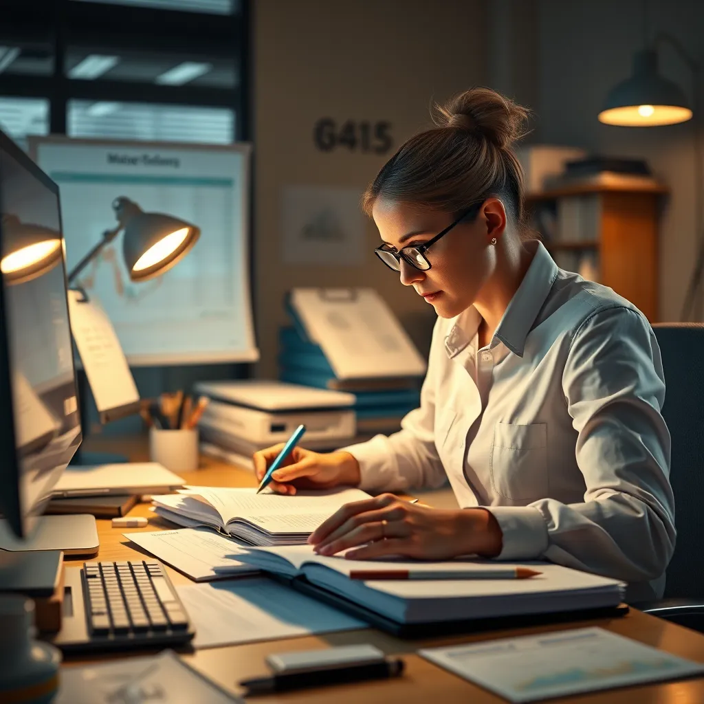 A meticulous bookkeeper working with financial ledgers and bookkeeping software on a well-lit desk, depicting the management of daily financial transactions for small businesses.