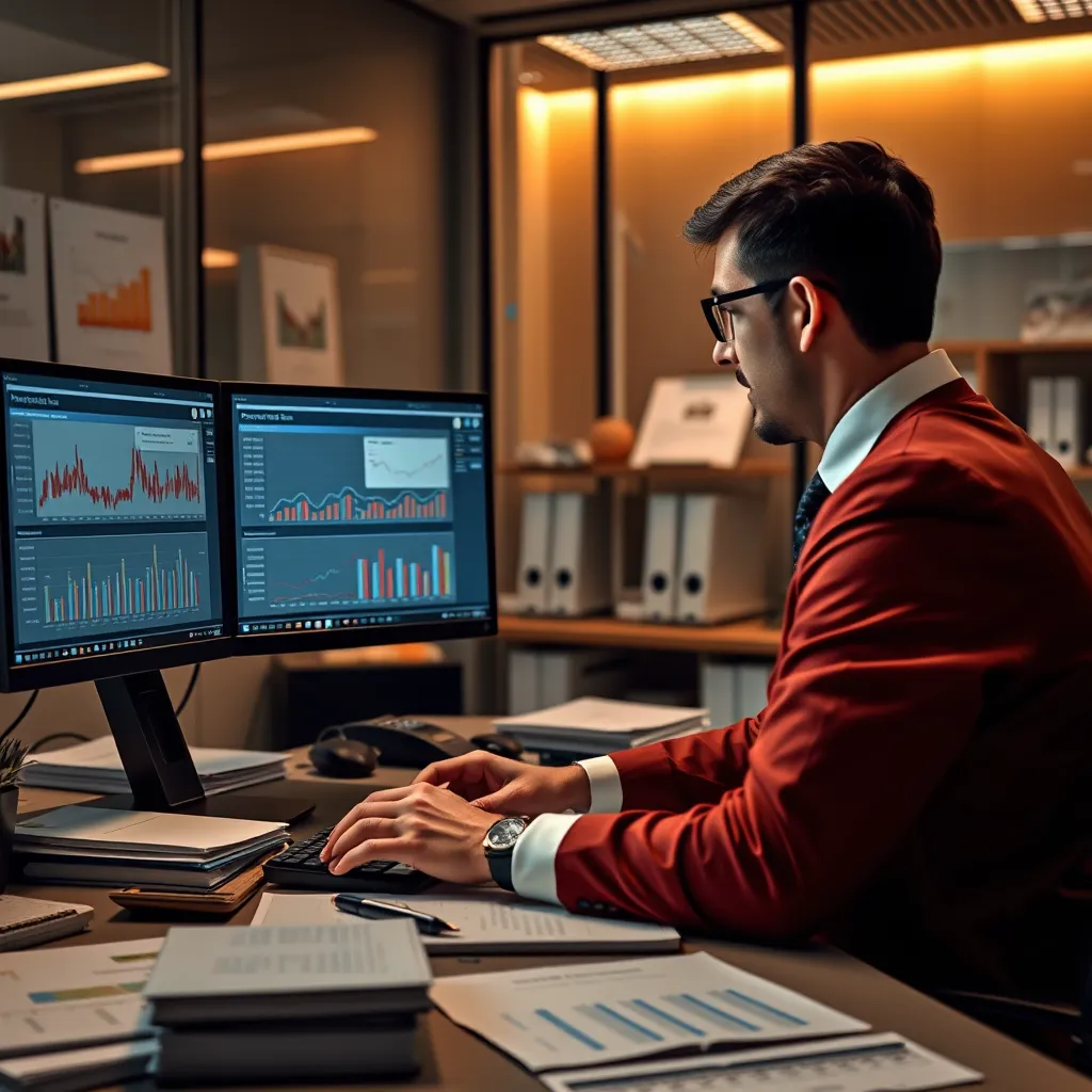 A modern office setting with a professional accountant reviewing financial documents on dual monitors, surrounded by organized files and charts, representing comprehensive financial oversight for small businesses.