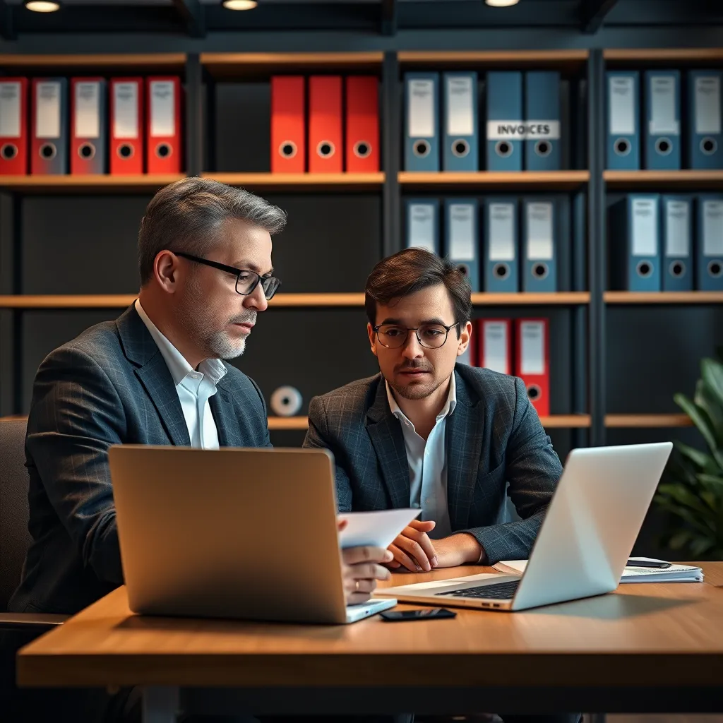  A modern office space with a financial advisor showing financial reports on a laptop to a small business owner. Background displays shelves with binders labeled 'Invoices,' 'Receipts,' and 'Tax Documents' .