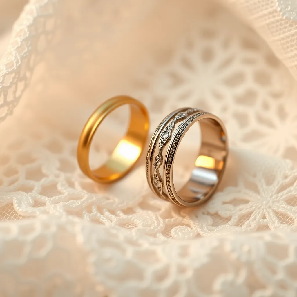 A pair of wedding bands placed on a white lace fabric background. One band is a classic gold band with a polished finish and the other is a platinum band with intricate engravings. Soft, warm lighting creates a romantic atmosphere.