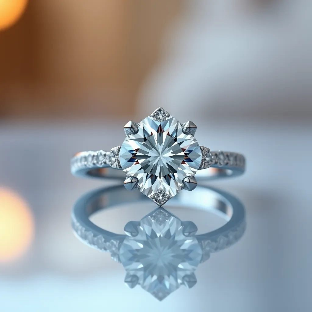 A photorealistic close-up of an elegant engagement ring placed on a glossy surface with soft, ambient lighting. The ring is adorned with a large, sparkling diamond at the center and surrounded by smaller diamonds, all set in a platinum band. The background is blurred, emphasizing the brilliance and intricacy of the ring.