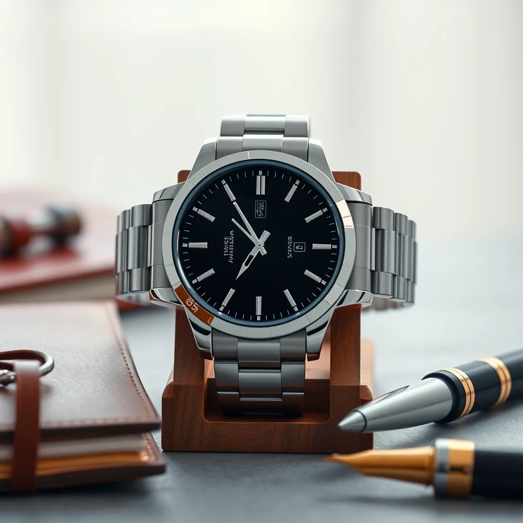 A photorealistic image of a designer watch displayed on a wooden stand. The watch has a sleek black dial with silver hands and markers, set in a stainless steel case with a matching bracelet. Surrounding the watch are subtle props like a leather-bound notebook and a fountain pen. The background is an elegant, minimalist setting with soft focus, emphasizing the watch's sophistication.