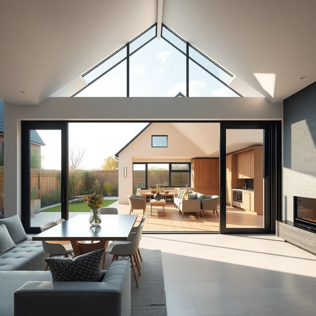 A photorealistic image of a home extension: a contemporary addition to a traditional house, with large glass windows, a spacious open-plan living area, and a beautiful garden patio visible through sliding doors.