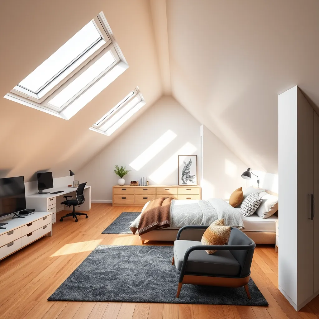 A photorealistic image of a modern loft conversion: a spacious, bright attic room with skylights, wooden flooring, and stylish furniture, including a cozy bed and a functional workspace with a sleek desk and chair.