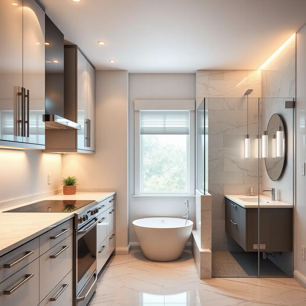 A photorealistic image of a newly renovated kitchen and bathroom: a kitchen with sleek cabinets, stainless steel appliances, and a marble countertop; a bathroom with a luxurious walk-in shower, modern vanity, and elegant tiling.