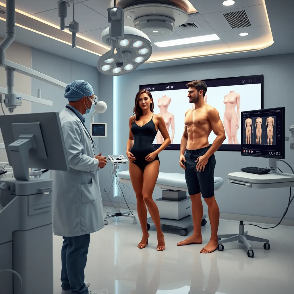 A photorealistic image of a state-of-the-art cosmetic surgery facility with a surgeon showing body contouring options to a fit couple. The room features advanced medical equipment and a before and after 3D body model on a monitor.