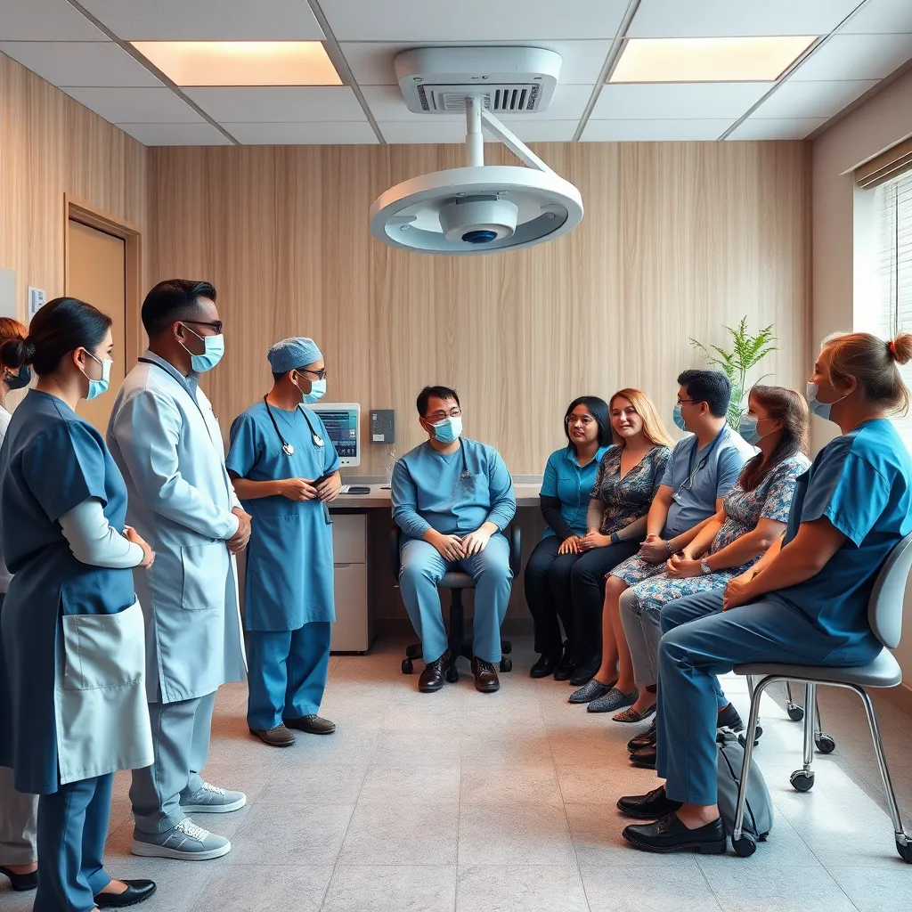 A photorealistic image of a supportive and inclusive surgical consultation room where a diverse group of patients, including transgender individuals, discuss gender-affirming procedures with compassionate medical professionals. The environment should reflect empathy and understanding.