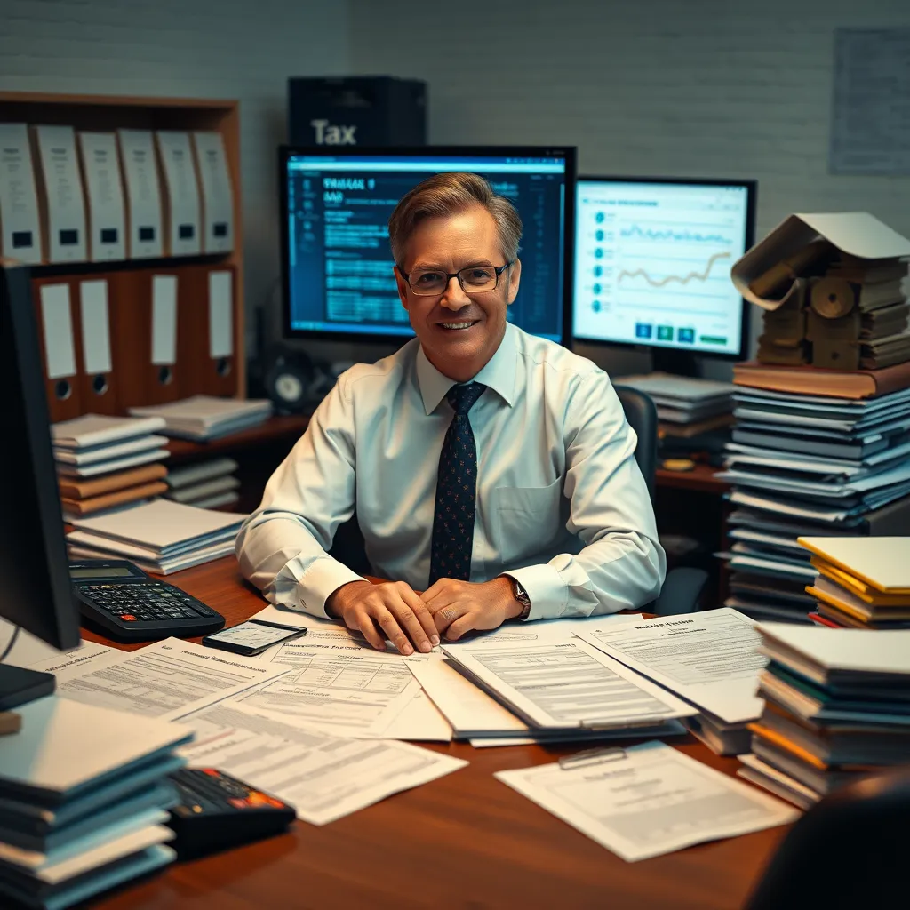 A professional accountant sitting at a desk covered with tax documents, forms, and a calculator. The background shows organized folders and a computer screen displaying tax software. The atmosphere is efficient and focused.