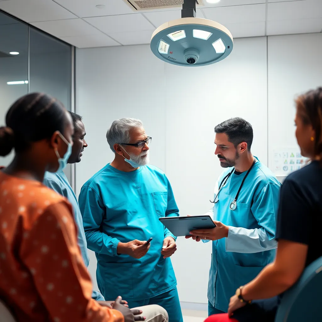  A professional surgeon in a modern, clean clinic discussing treatment plans with a diverse group of patients, including both men and women, showcasing before-and-after images and using a computer tablet for detailed discussions.
