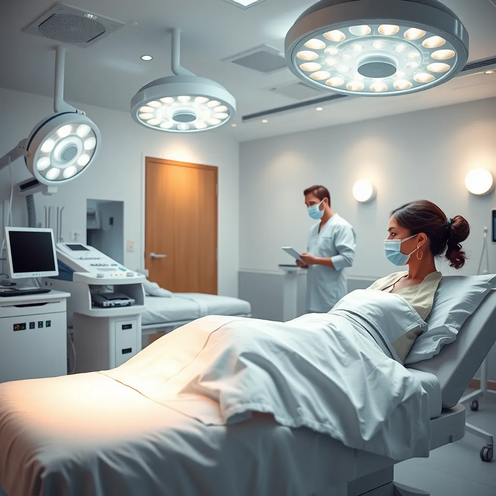  A serene recovery room with comfortable beds and attentive nurses providing care to a patient who has recently undergone cosmetic surgery, with a focus on a warm and supportive environment.