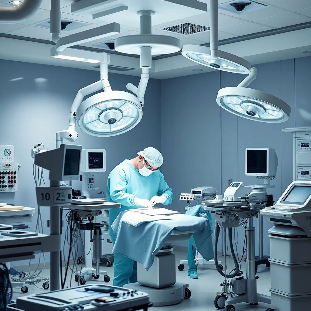  A state-of-the-art operating room with advanced surgical equipment, featuring a surgeon performing a procedure with assistance from a skilled medical team, all dressed in scrubs and protective gear.