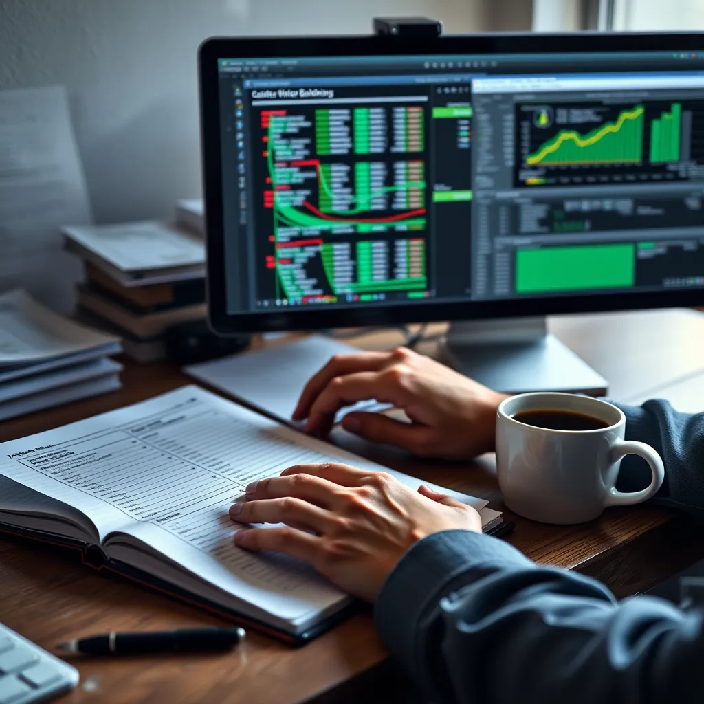  A tidy desk featuring an open ledger book, a computer screen with bookkeeping software, and a cup of coffee. A bookkeeper is inputting data with focused attention.