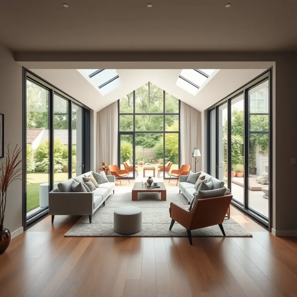 An attractive home extension with large floor-to-ceiling windows, opening into a spacious, airy living room with contemporary furniture. The extension harmoniously integrates with the original building, with a lush garden visible outside.