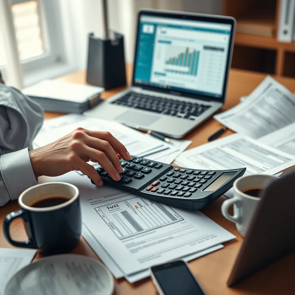  Close-up of a tax professional with glasses working on a calculator and paperwork. The desk is filled with tax forms, a coffee cup, and a laptop showing tax software interface.