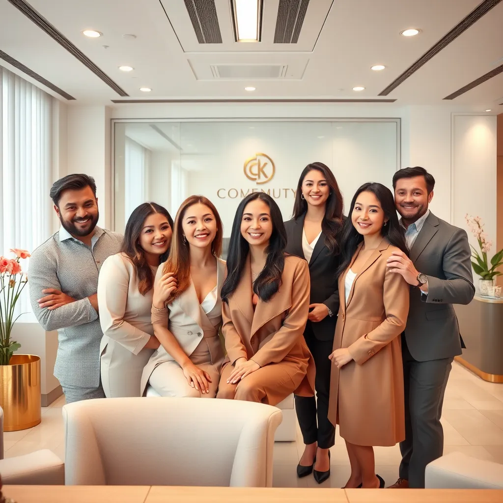 Create a photorealistic, ultra-high quality header image representing a premier cosmetic surgery business. The subject should be a diverse group of men and women, exuding confidence and happiness post-surgery, positioned centrally. The composition should include them engaging in positive activities or interactions. Ensure balanced, soft lighting that highlights their flawless skin and natural beauty, evoking a sense of warmth and approachability. The color palette should incorporate sophisticated hues, such as soft pastels and elegant metallics, to enhance the luxury feel. The mood should be uplifting and empowering. Capture the scene at eye level with a slight wide-angle perspective to encompass the entire group and some of the serene clinic environment. Skin textures should appear smooth and refined, and details such as shiny hair and tailored clothing should be crisp. The environmental backdrop should include elements of a high-end, modern clinic—think minimalist design, glossy surfaces, and subtle branding elements like the clinic’s logo. Relevant props such as comfortable seating and aesthetic decor, like fresh flowers, should be included. The style references should lean towards hyperrealism, inspired by luxury lifestyle photography. The final image should be in 8K resolution, ensuring every detail is immaculate and visually stunning., ultra high resolution, photorealistic, 8K, hyperdetailed, cinematic lighting