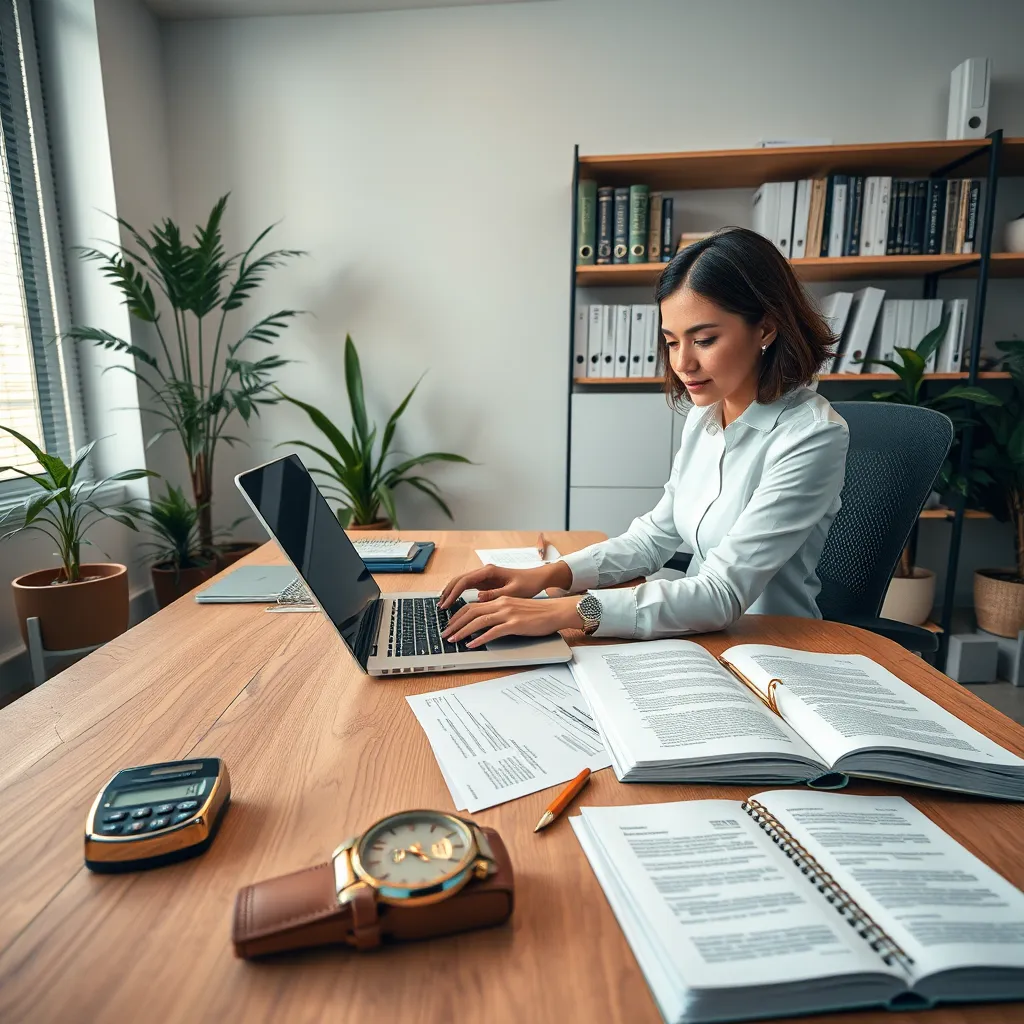 Create a photorealistic image depicting a professional bookkeeper at a modern office desk, meticulously organizing financial documents. The scene is well-lit with soft diffused lighting, giving a warm and inviting atmosphere. The color palette includes calming blues, neutral greys, and whites, conveying trust and professionalism. The camera angle is at eye level, with a slight tilt to show the detail in the bookkeeper's hands as they type on a laptop. The desk has a matte oak finish, with textures of paper, smooth glass, and metallic stationery. Around the office are potted plants and a neatly organized bookshelf filled with financial literature, adding an element of tranquility and knowledge. An elegant wristwatch, calculator, and open ledger book are visible as props. Shot in hyperrealistic 8K resolution, capturing ultra-detailed aspects of every texture and material.