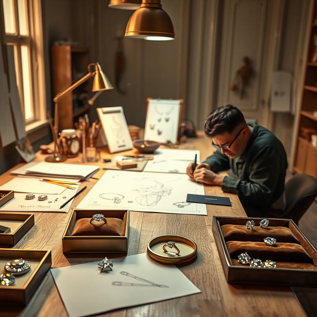 Create a photorealistic image of a luxurious jewellery design studio. The composition focuses on a central workbench scattered with sketches and tools. Soft diffused lighting highlights a jeweller's precision work on a diamond ring. The color palette comprises rich golds and elegant silvers, exuding an air of sophistication. Capture the scene from a slightly elevated, 45-degree angle to emphasize the intricate details of the jeweller's work and the textures of precious materials. Surrounding elements include velvet-lined trays showcasing gemstones and finished pieces. The setting should evoke a sense of artisanal craftsmanship, reminiscent of high-end studio aesthetics. Render in 8K resolution, hyperrealistic style, capturing every nuance of texture and material.