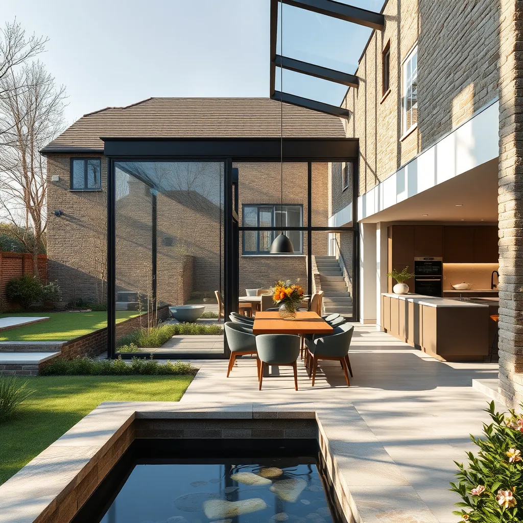 Create an image of a home extension seamlessly blending with the existing structure. The extension has a glass wall overlooking a landscaped garden, letting in abundant natural light. The interior features an open plan with a chic dining area and modern kitchen. Dramatic side lighting casts gentle shadows, giving depth to the room. The color palette includes earthy tones and soft pastels. Capture the scene at eye level, emphasizing the spaciousness and harmony of the old and new sections. Highlight the textures of stone, wood, and metal. In the background, include tasteful garden elements like a water feature and flowering plants. Render the image to be hyperrealistic, in ultra-high quality, and 8K resolution, in the style of contemporary architectural photography.