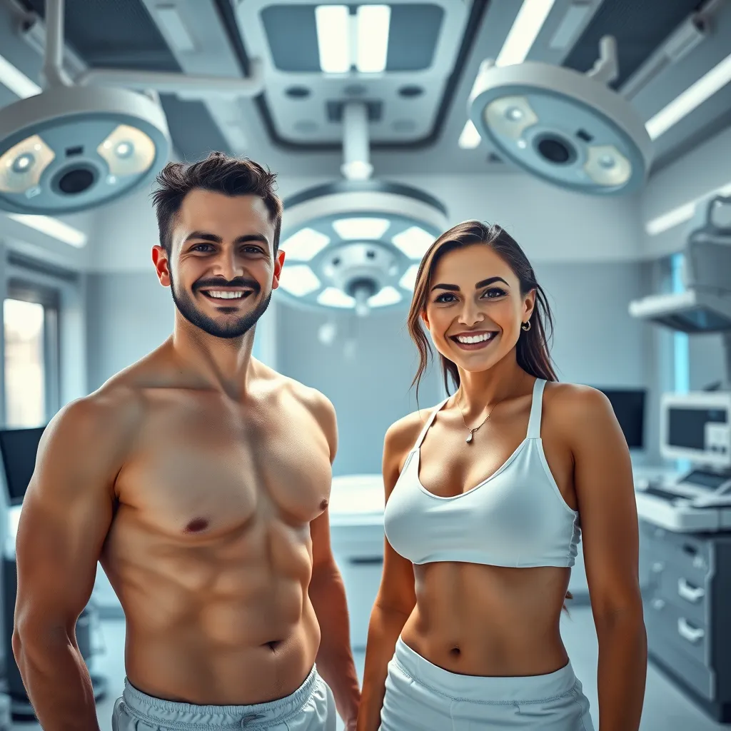 Create an image of a man and a woman in a sleek, high-tech operating room. They are both confidently smiling, showing the results of their liposuction procedures. The room is brightly lit with a combination of overhead surgical lights and natural lighting from a nearby window. Use a cool color palette of greys and whites with hints of blue to convey a sense of clinical precision and cleanliness. The camera angle should be a three-quarter view, capturing the upper bodies and the surroundings to emphasize the contours and definition achieved through liposuction. Their skin should have a natural texture with a healthy glow, emphasizing muscle tone and body shape. Include state-of-the-art medical equipment in the background and ensure the image is rendered in 8K resolution, ultra-detailed, and hyperrealistic with exceptional clarity suitable for marketing and educational materials.