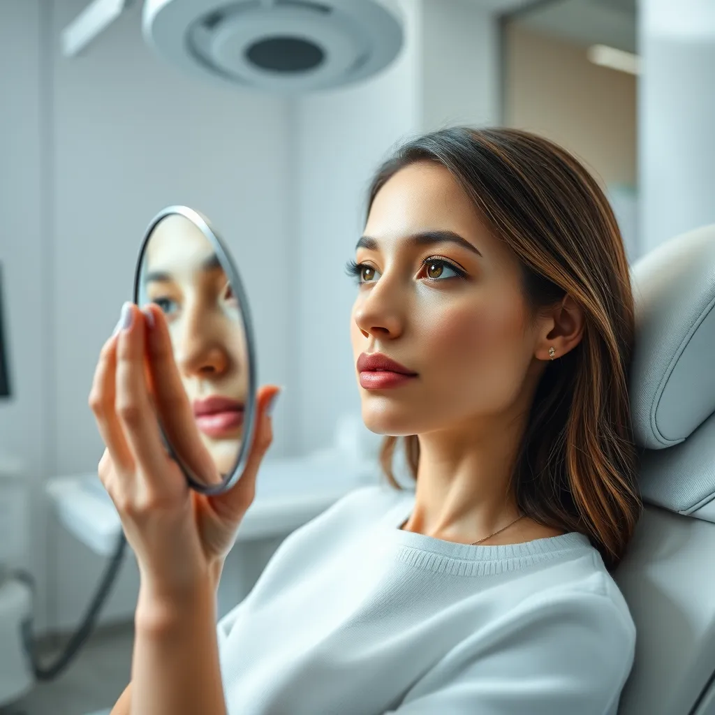 Create an image of a woman in a pristine medical examination room. She is sitting upright in a reclining chair with a mirror in hand, looking at her newly reshaped nose. The atmosphere is serene with soft, diffused lighting casting a gentle glow on her face. Her skin should appear flawless and glowing. Use a natural color palette with soothing whites and soft blues for a calming mood. The angle should be at eye level to give prominence to her facial features. Her nose should be delicate, with precise, smooth contours and natural texture. The background includes state-of-the-art medical equipment and minimalistic decor. The entire scene should be captured in hyperrealistic, ultra-detailed quality, with an 8K resolution suitable for high-end medical brochure covers.