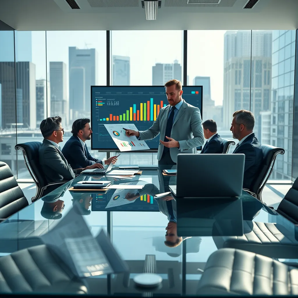 Design a highly detailed, photorealistic image of an accountant delivering a financial report in a well-lit conference room. The subject is presenting charts and graphs on a sleek glass table, with dramatic side lighting enhancing the precision and accuracy of the scene. The color palette consists of corporate blues, greys, and crisp whites to evoke professionalism and clarity. The camera angle is a wide-shot, capturing the accountant and several attentive colleagues. The table is surrounded by modern chairs with leather textures, and on the table are laptops, printed charts, and pens. Behind the accountant, a large digital screen displays colorful financial graphs and charts. The background includes a glass wall with a cityscape view, enhanced with natural daylight. The image should be hyperrealistic, shot in 8K resolution, capturing every tiny detail of the professional setting.