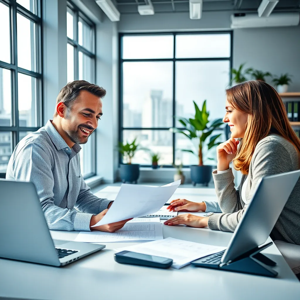 Generate a photorealistic, ultra-high quality header image that represents an accounting business serving small businesses. The scene is set in a modern, well-lit office space with large windows allowing natural light to flood the room, creating a bright and inviting atmosphere. The color palette should be professional and calm, featuring shades of blue, white, and grey to evoke trust and reliability. The central subject is a professional accountant at their desk, engaging with a small business owner over some financial documents. The accountant is smiling and attentive, creating a welcoming mood. The camera angle is positioned at eye level with a slight perspective to the left, capturing the interaction in a natural and engaging way. The desk features neatly arranged paperwork, a sleek laptop, and a stylish calculator, all detailed with realistic textures and materials. In the background, there are shelves with organized binders and potted plants to add a touch of greenery. The style should be hyperrealistic, aiming for 8K resolution to ensure every detail is crisp and clear., ultra high resolution, photorealistic, 8K, hyperdetailed, cinematic lighting