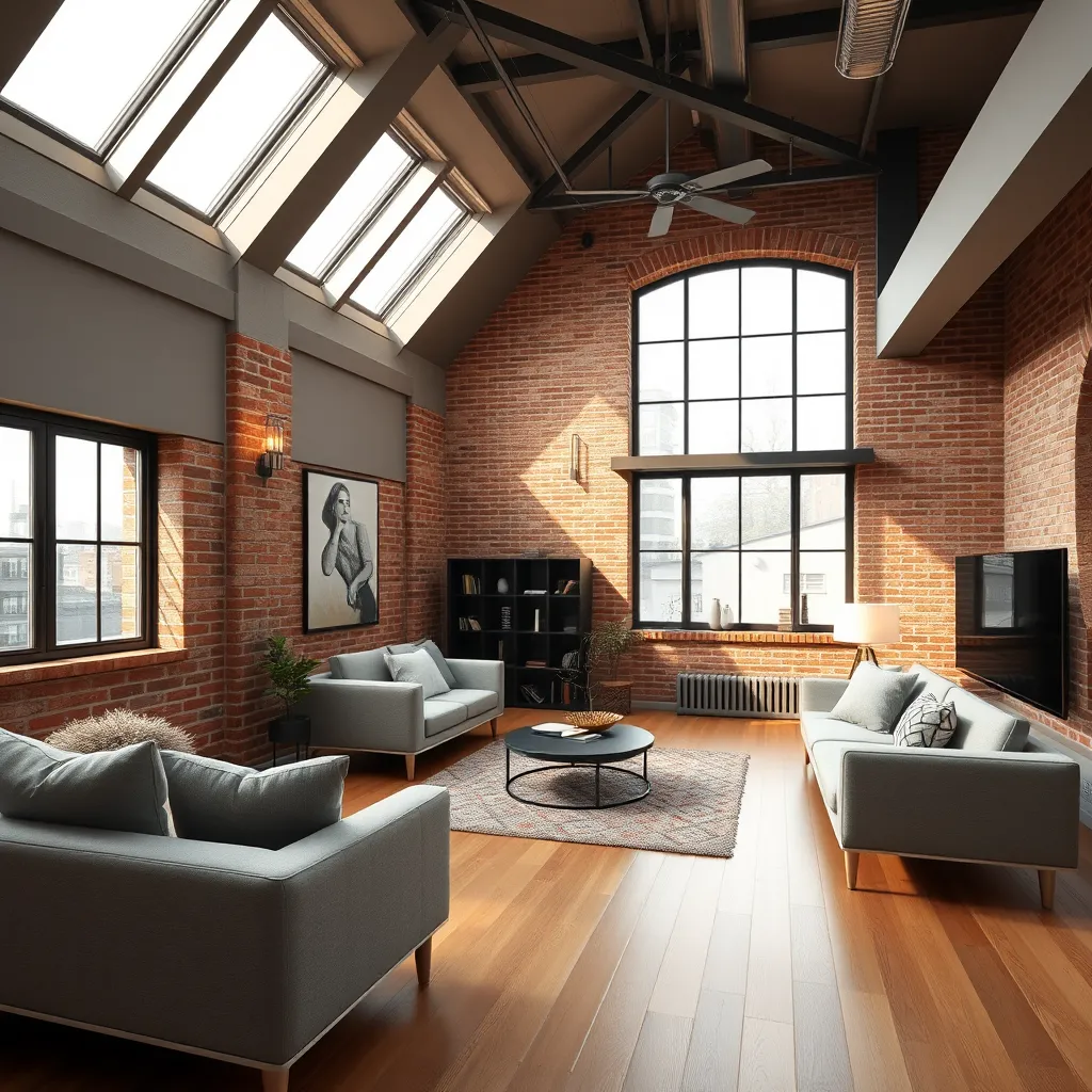 Generate an image of a newly converted loft with a modern aesthetic. The loft features sleek furniture, a cozy reading nook, and large skylights letting in natural light. Soft diffused lighting highlights the clean lines and contemporary decor. The color palette is neutral with pops of warm tones. Capture the room from a slightly elevated angle, showcasing the open layout and high ceilings. Textures of exposed brick, polished wood floors, and plush fabrics are prominent. The space includes a small indoor plant and a stylish bookshelf against the wall. In the style of modern interior photography, ensure the image is ultra-detailed, photorealistic, and in 8K resolution.