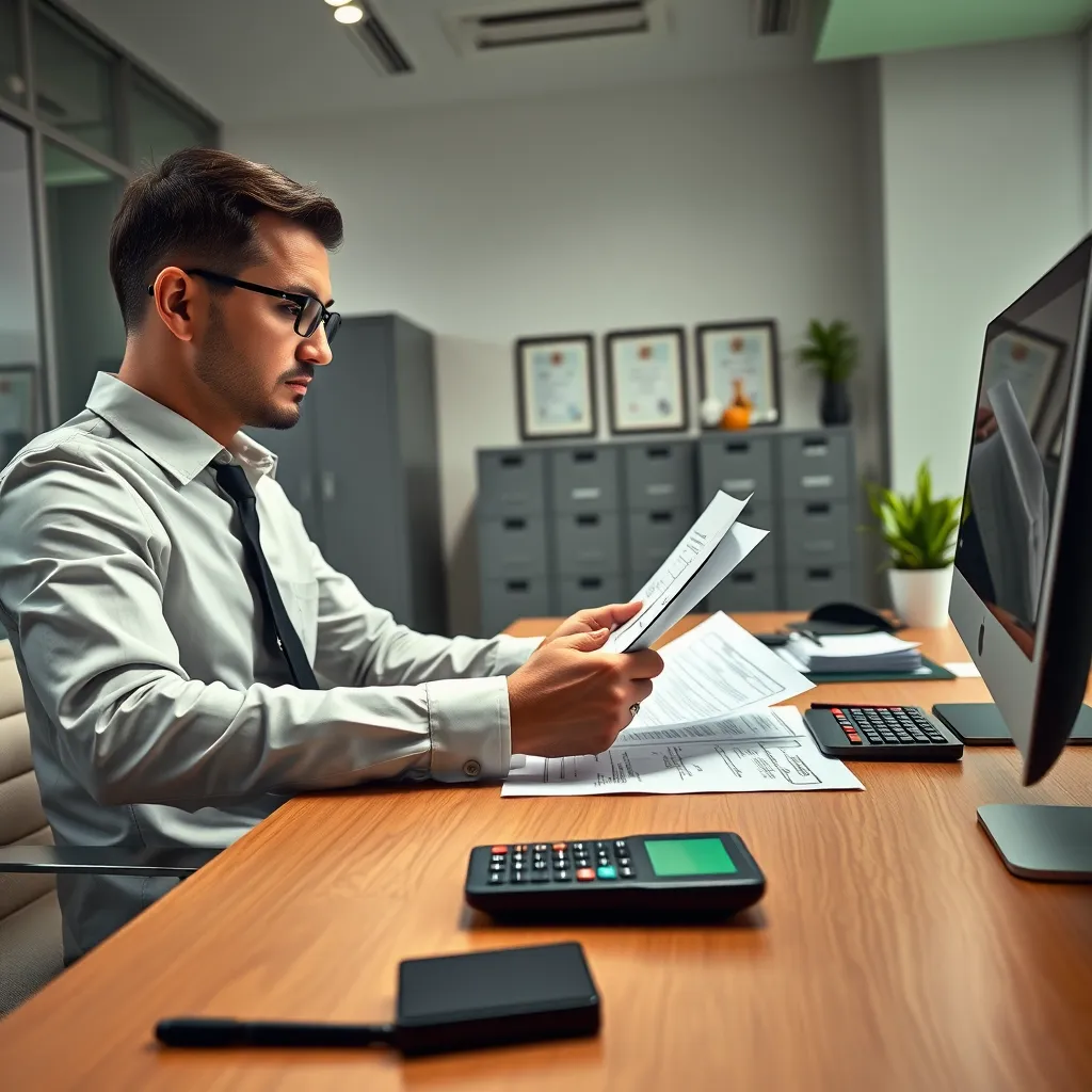 Generate an ultra-detailed, photorealistic image showing a tax professional at a sleek, modern workspace. The tax professional is reviewing forms with concentration, with soft diffused lighting illuminating the desk and creating a calm and focused mood. The color palette is a mix of professional greys, whites, and touches of green for balance. The camera angle is a close-up, focusing on the tax professional's hands holding documents, with a perspective that slightly overviews the desk. Materials of the desk include polished wood and metallic finishes. Accompanying the scene are props such as tax forms, a calculator, and a few highlighted documents. In the background, there is a neat filing cabinet and a wall with framed certifications. The overall style should embody professional photography aesthetics and be shot in 8K resolution with hyperrealistic details.