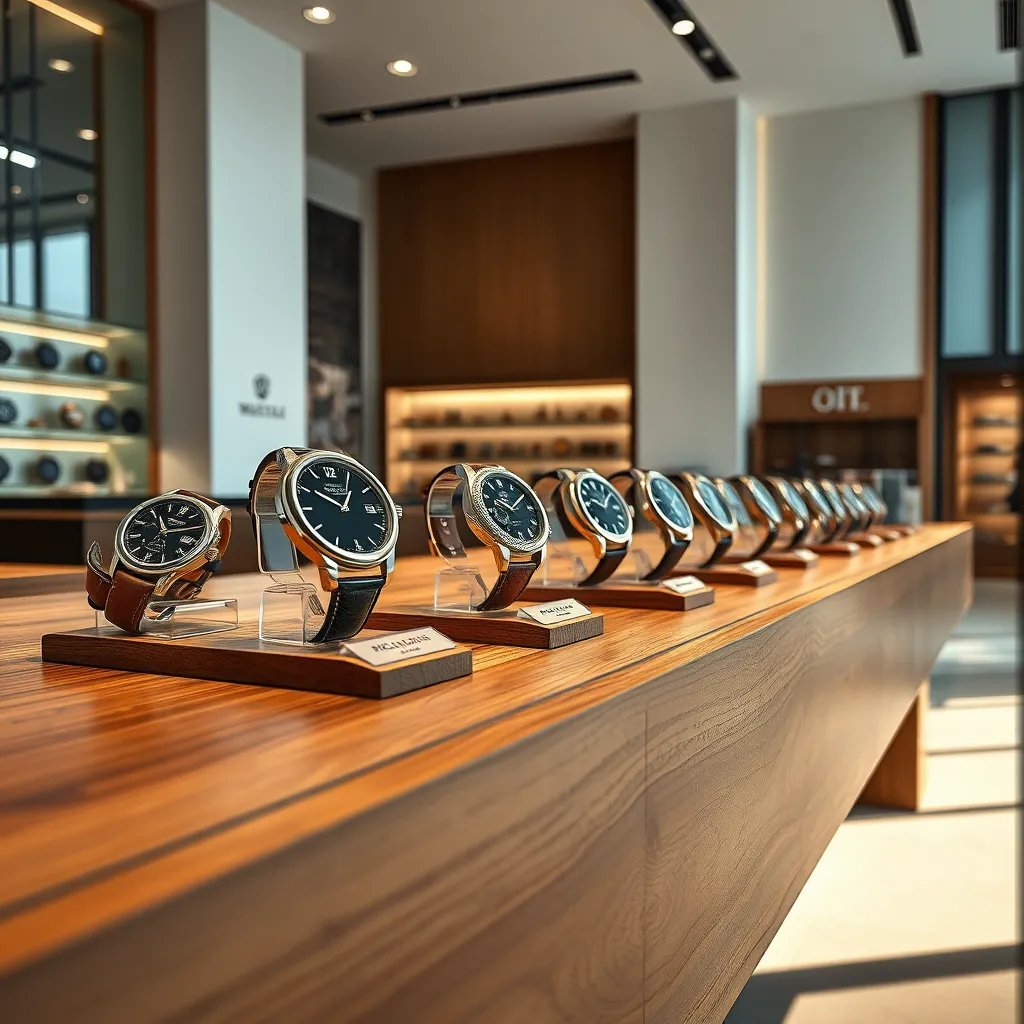 Generate an ultra-high quality, photorealistic image of an elegant display of designer watches. Central focus is on a polished oak display counter with several luxury watches arranged meticulously. Achieve dramatic side lighting to cast refined shadows and highlight the metallic shine of the watches. The color palette is a blend of polished silver, muted gold, and deep leather tones, creating a classic and opulent atmosphere. The camera angle is at eye level, providing an immersive view of the finely detailed watch faces, dials, and straps. Background elements include a sleek, modern interior of a high-end store, with minimalist décor. The scene should exude sophistication and exclusivity, styled in the manner of renowned watch photographers. Render in hyper-detailed, 8K resolution for an impeccably sharp and captivating image.