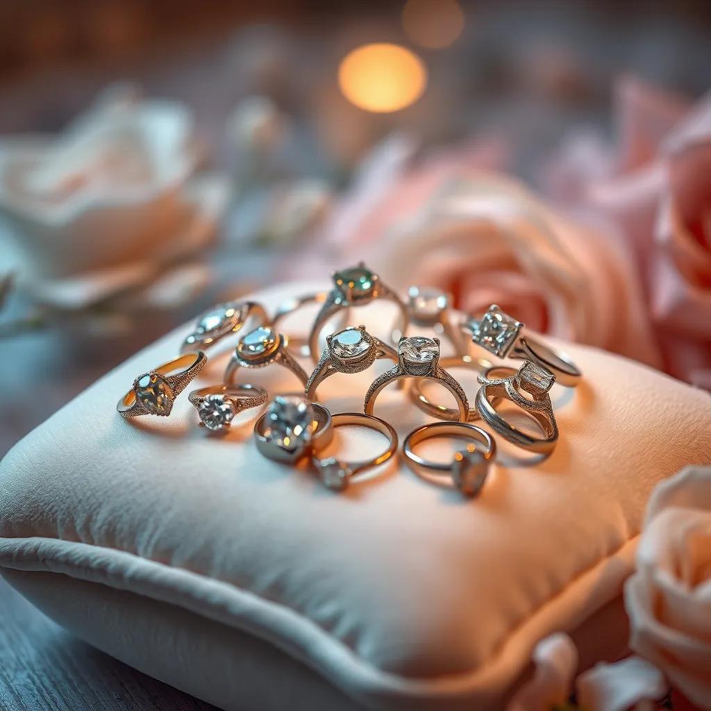Produce a photorealistic image showcasing an elegant array of wedding and engagement rings. The composition centers on a plush velvet cushion adorned with an assortment of rings, each a masterpiece of design. Soft, ambient lighting creates a warm, inviting atmosphere, accentuating the brilliance of diamonds and the luster of precious metals. The color palette is rich with hints of gold, platinum, and sparkling gemstones, conveying love and commitment. Capture the scene from a close-up, macro perspective to bring out the intricate detailing of the settings and stones. Surrounding elements include a soft-focus, romantic backdrop with gentle floral hints. The mood should feel intimate and joyful, akin to the works of fine jewellery photographers. Ensure an ultra-detailed, 8K resolution for flawless clarity and realism.