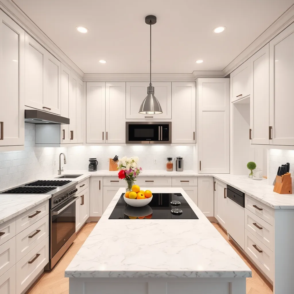 Visualize a newly fitted kitchen with state-of-the-art appliances and stylish cabinetry. It features a central island with a built-in cooktop, overhead pendant lighting, and a sleek backsplash. Soft diffused lighting emphasizes the kitchen's clean and organized appearance. The color palette includes classic whites with matte black accents. Photograph the kitchen from a corner perspective to capture the entire space, showing the countertops, cabinets, and appliances. Emphasize the textures of polished granite, smooth metal, and soft wood finishes. Add realistic props like a bowl of fresh fruit, a vase with flowers, and a set of knives. The surrounding environment should be immaculate and modern. In the style of high-end kitchen photography, make sure the image is ultra-detailed, photorealistic, and in 8K resolution.