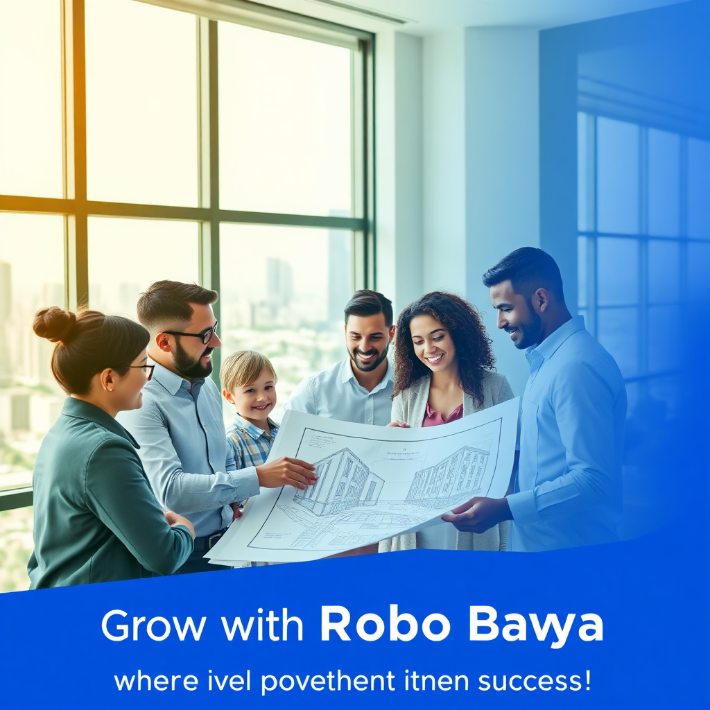 A 4K high-quality image depicting a group of diverse professionals (architects, real estate agents, happy family) collaborating on a property blueprint in a bright, modern office. The office should feature large windows with a view of a flourishing urban landscape. The scene should convey trust, expertise, and a collaborative spirit. The color palette should be clean and professional, using blues, greens, and whites. The image should emphasize teamwork and the commitment to helping clients achieve their property dreams. The overall style should be modern and approachable, reflecting the brand's values of trust and innovation. The prompt needs to visually represent "Grow with Robo Bayya – where your property investment meets success!"