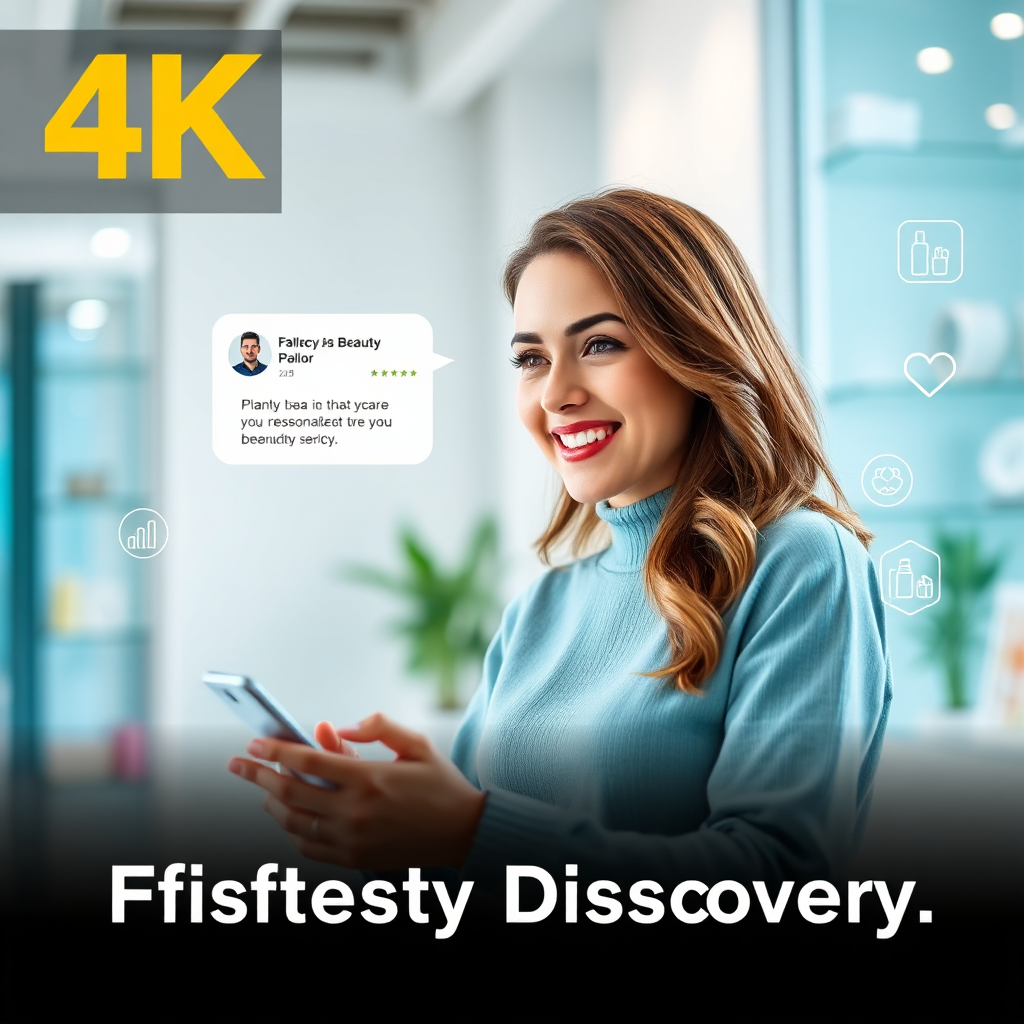 A 4K, high-quality image representing the core values of the company. The scene depicts a friendly chatbot interface assisting a smiling woman in finding a beauty parlor. The composition focuses on the seamless interaction between technology and personalized service. The lighting is bright and cheerful, with a color palette of soft blues, greens, and whites. The camera angle is slightly above, giving a sense of approachability and trust. The environment is clean and modern, suggesting efficiency and reliability. The style is contemporary and friendly, highlighting the ease of use and personalized care offered by the platform. Relevant props include a smartphone, tablet, and beauty product icons. The overall impression should be inviting and reassuring, conveying the message of effortless beauty discovery.
