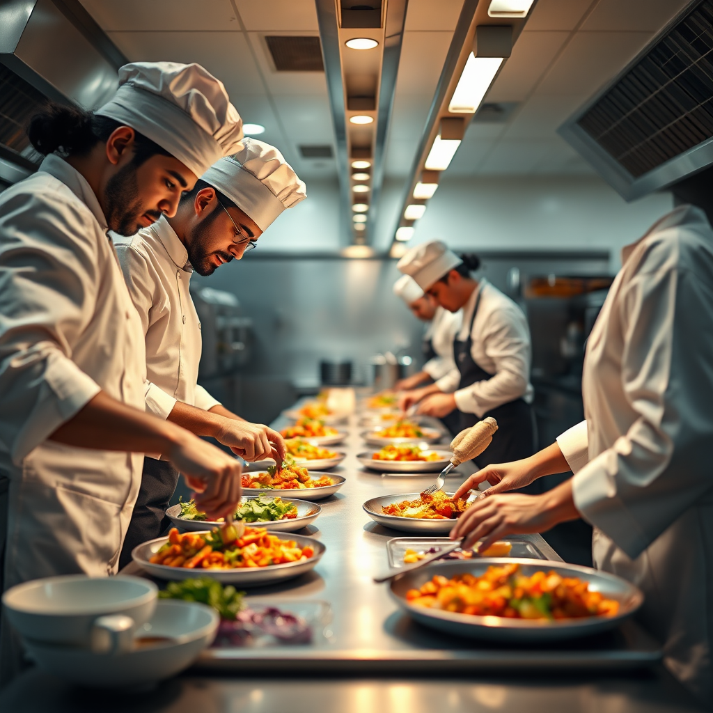 A 4K, photorealistic image showcasing the Meghana Cooking & Catering team in action. The composition should feature chefs meticulously preparing food in a clean and professional kitchen environment. The focus should be on teamwork, precision, and passion for culinary excellence. Lighting should be bright and even, highlighting the cleanliness of the kitchen and the dedication of the staff. The camera angle should be slightly low, emphasizing the scale of the operation and the expertise of the chefs. The color palette should be warm and inviting, reflecting the warmth and hospitality of the service. Style reference: A blend of documentary and lifestyle photography, capturing both the technical skill and the human element of catering. Props should include professional-grade cooking equipment, fresh ingredients, and neatly organized workstations. The overall environment should convey a sense of trust, reliability, and commitment to quality.