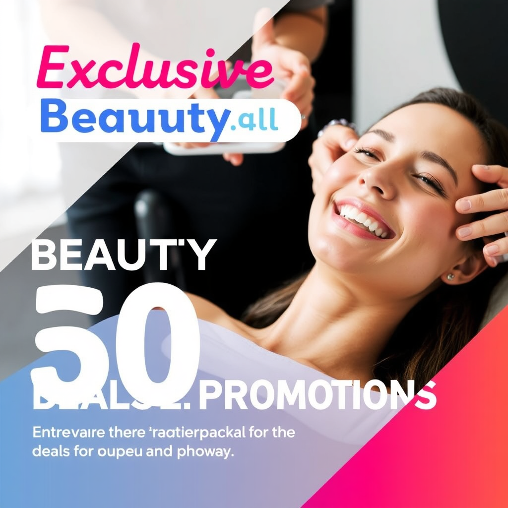 A banner ad showcasing exclusive beauty deals and promotions. The banner features eye-catching graphics and vibrant colors. A woman is happily receiving a beauty treatment in the background. The image conveys the idea of value and affordability, enticing viewers to take advantage of special offers.