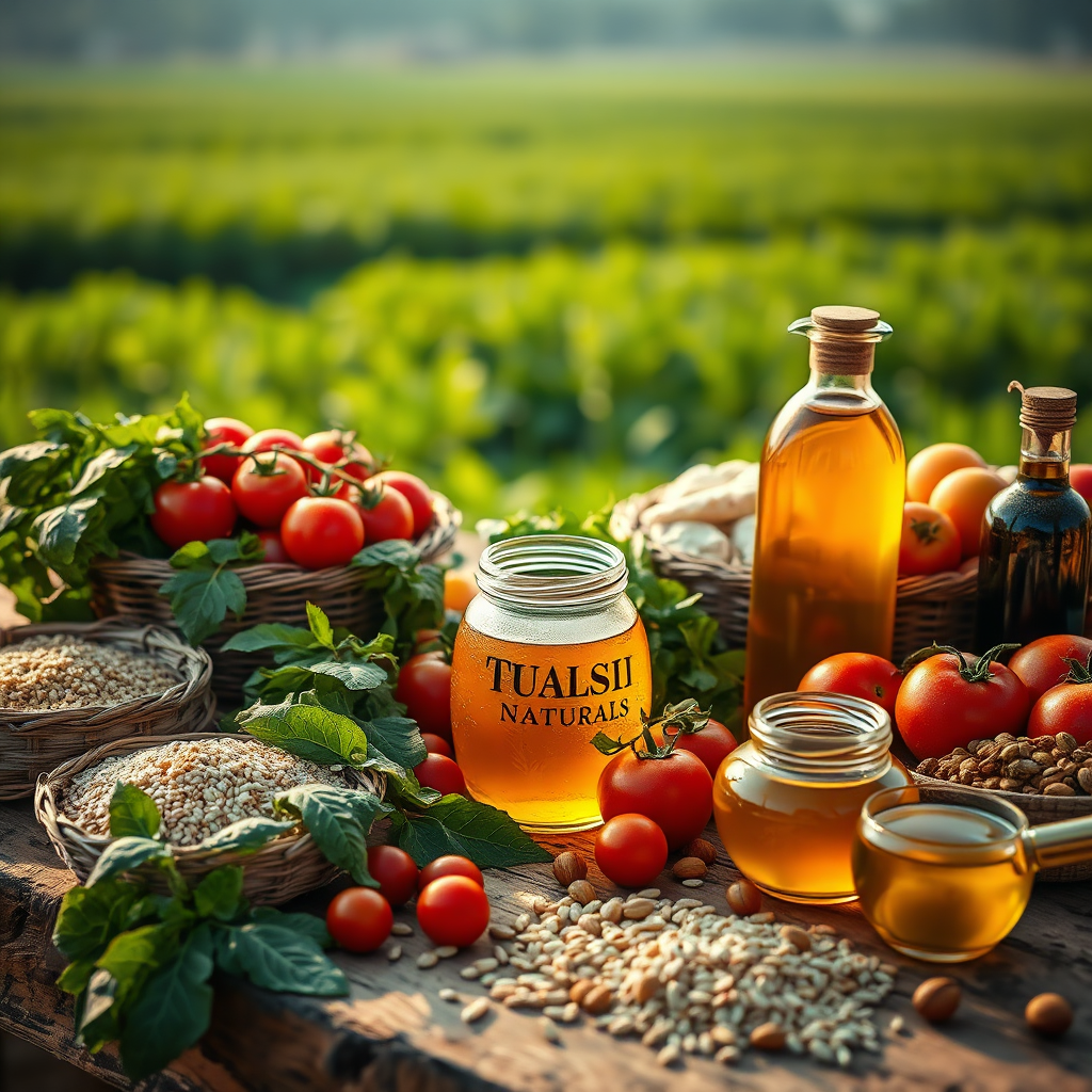 A breathtaking, photorealistic 8K image showcasing a vibrant display of Tulasi Naturals' organic offerings. The composition features a rustic wooden table overflowing with colorful, fresh produce: ripe tomatoes, leafy greens, and golden honey glistening in a glass jar. Scattered around are millets in woven baskets, an assortment of dry fruits, and a bottle of cold-pressed oil. In the background, subtly blurred, is a lush green field suggesting the origin of these natural products. Warm, golden-hour lighting enhances the textures and colors, creating an inviting and wholesome atmosphere. The camera angle is slightly elevated, capturing the abundance and quality. The overall style is inspired by Dutch still life paintings, emphasizing natural beauty and richness. Hyperrealistic details should highlight the freshness and purity of the products, conveying the essence of a healthy lifestyle.