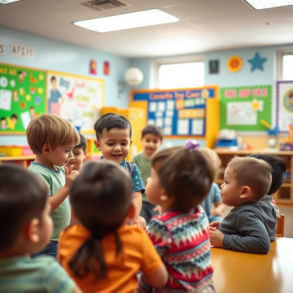 A bright and cheerful classroom scene with young children actively participating in a lesson. The setting is colorful and engaging, with educational posters and toys. The focus is on the children's enthusiasm and curiosity. Warm, playful lighting, medium shot, 4K resolution.