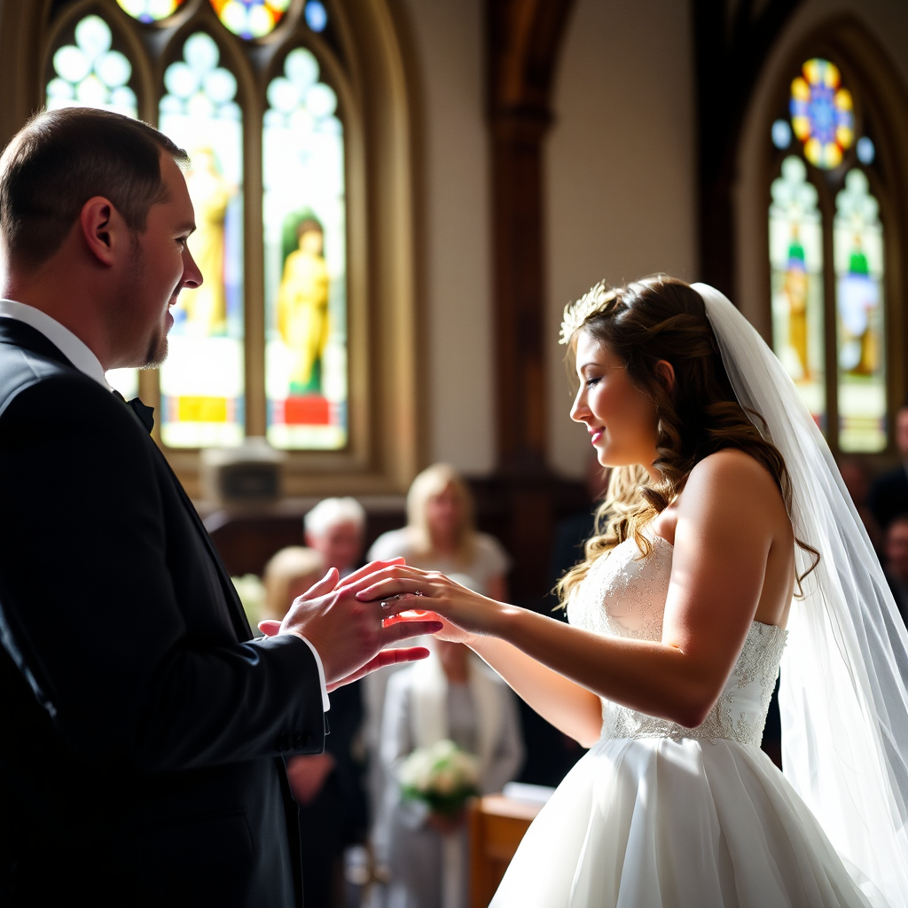 Bride and groom exchanging rings