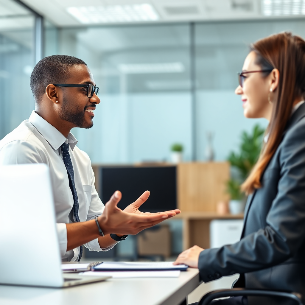 A career counselor providing guidance to a young professional. The setting is a modern office environment. Focus on the insightful and encouraging conversation. Professional lighting, 4K resolution.