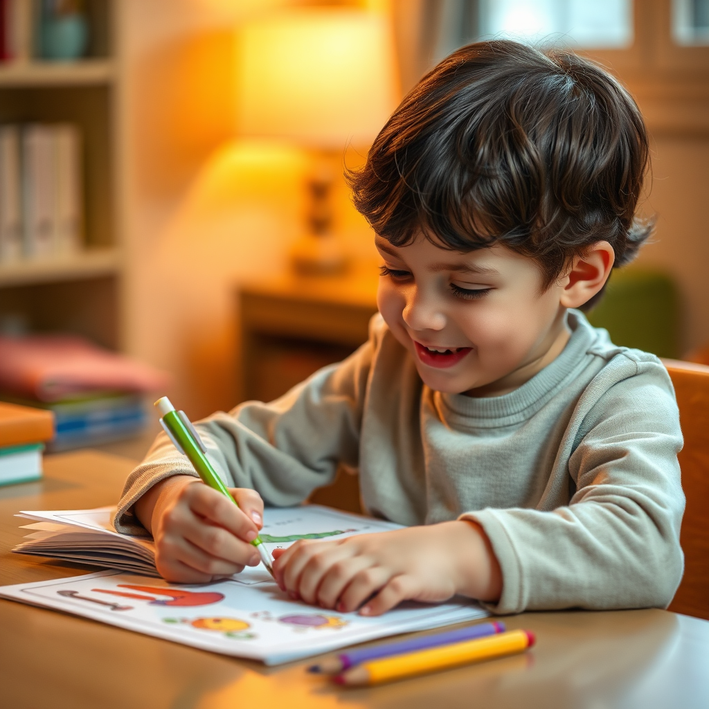 A child happily completing a worksheet with colorful illustrations. The child is focused and engaged. The lighting is warm and inviting. Style: Photorealistic, emphasizing the child's concentration and enjoyment.