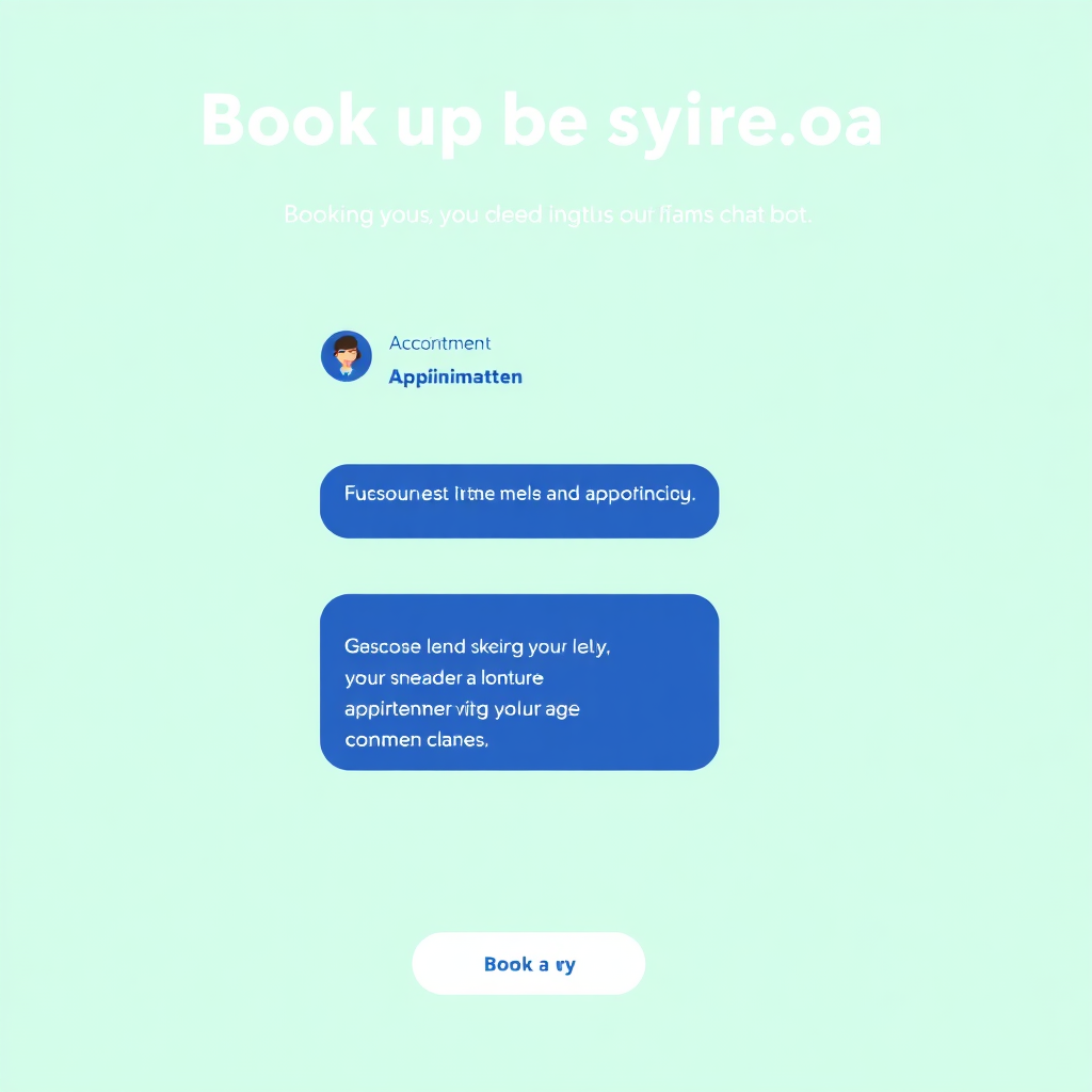 A clean and modern interface showing a booking process guided by a human chat bot. The chatbot provides clear instructions and confirms the appointment details. The color palette is bright and cheerful, with shades of green and blue. The image highlights the convenience and ease of booking with the chat bot.