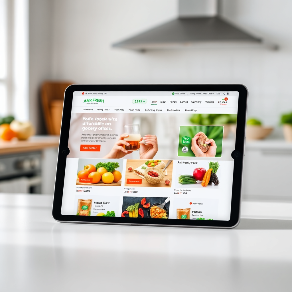 A clean, minimalist photograph showcasing a digital tablet displaying the ANR FRESH website or app interface. The screen should highlight affordable prices and special offers on various grocery items. Soft, diffused lighting to minimize glare. The background is a blurred kitchen scene.