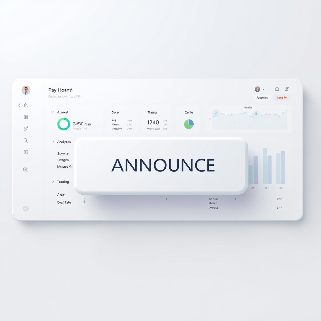A clean, modern dashboard interface showcasing a single, large button labeled 'ANNOUNCE'. The dashboard displays key metrics and analytics. The background is a minimalist design with soft, pastel colors. This should evoke a sense of simplicity and ease of use. 4K resolution.