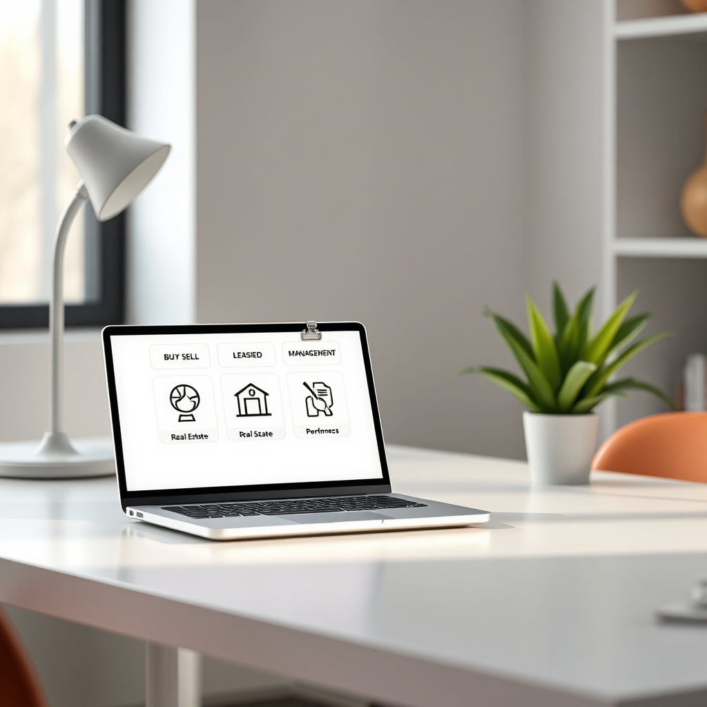 A clean, modern desk with a laptop displaying various real estate services icons (buying, selling, leasing, management). Soft, inviting lighting. 4K, stylized.