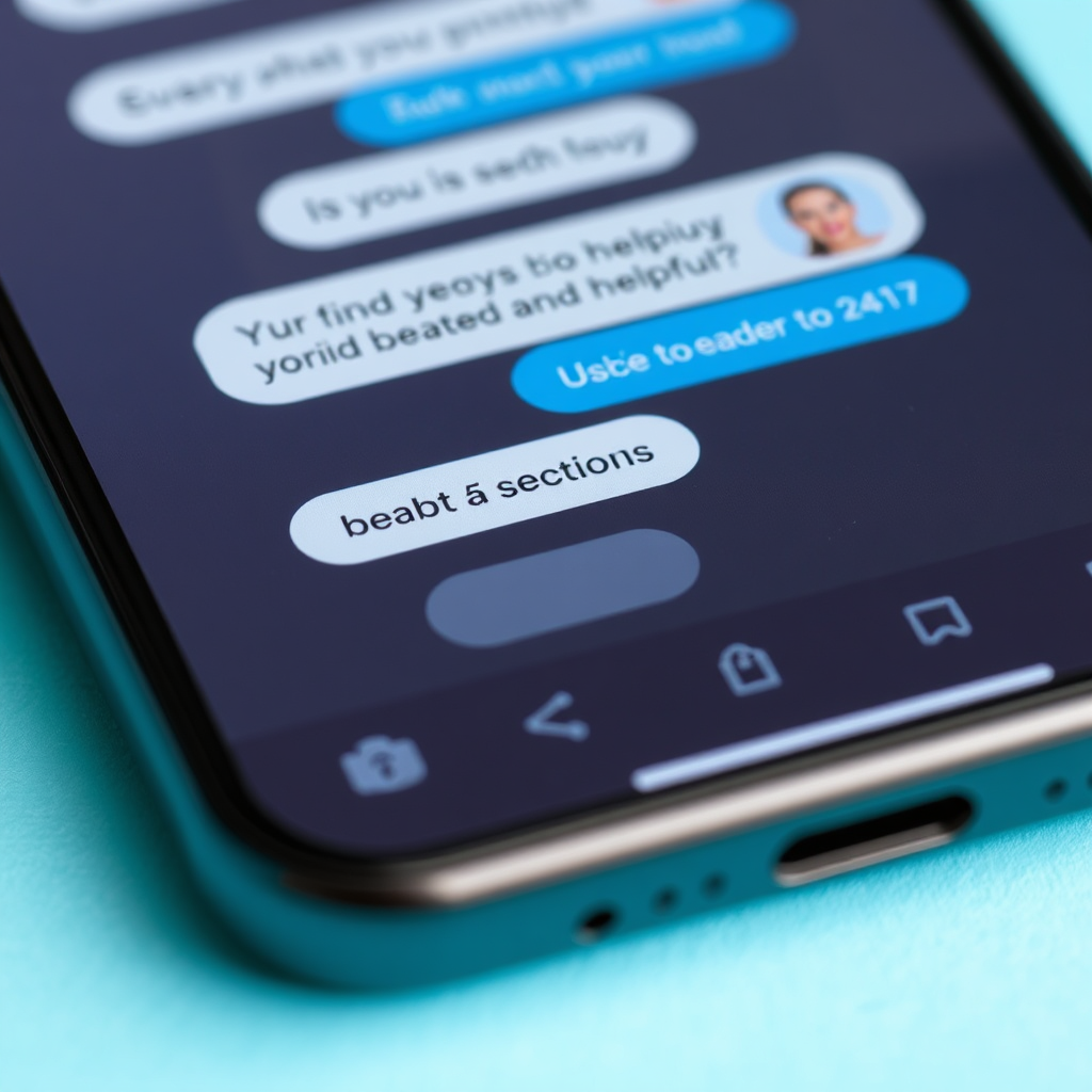 A close-up of a chat interface on a smartphone, with a friendly chatbot avatar. The conversation showcases quick and helpful responses to beauty-related questions. The color palette is modern and clean, using shades of blue and white. The image conveys the idea of instant accessibility and 24/7 support.