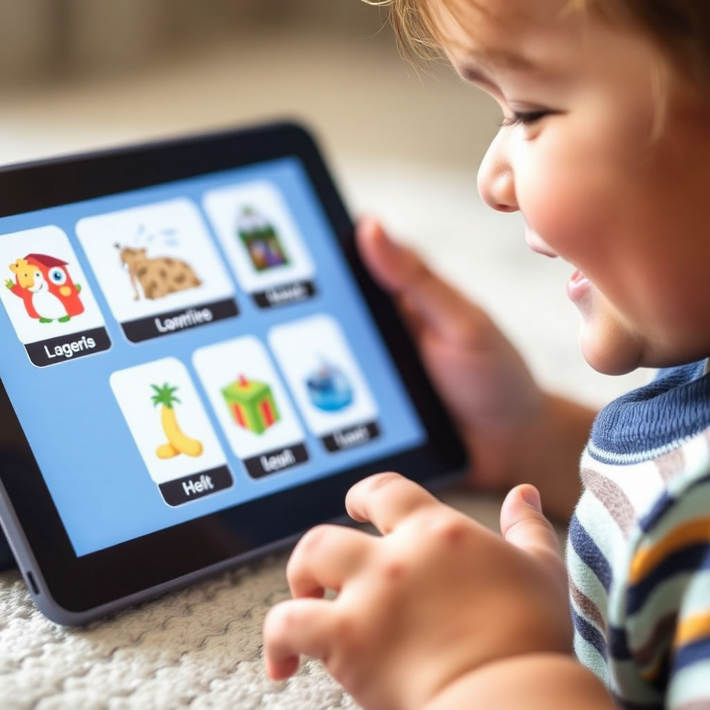 A close-up of a child playing with digital flashcards on a tablet. The flashcards feature colorful images and text. The child is smiling and having fun. Soft, natural lighting. Focus is on the tablet screen and the child's face. The image conveys a sense of playful learning.